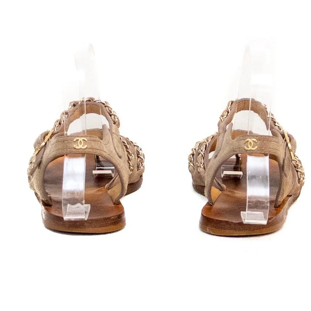 Chanel Gladiiator Taupe Suede‎ Chain-Trim Flat Sandals – Size 37.5 /US 7.5